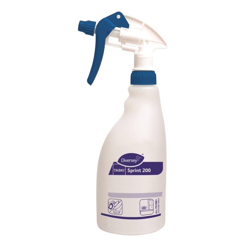The Diversey Germany trigger spray bottle Sprint 200 (0.5L) features a blue sprayer, instructions for use, and a brand logo. Easy to handle and refill as a refill bottle for convenient use.