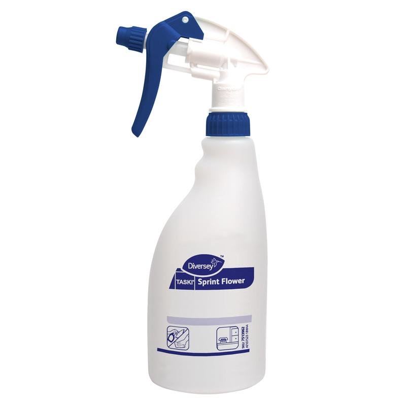 A white plastic trigger spray bottle labeled "Sprint Flower" by Diversey Deutschland GmbH & Co. OHG, with a blue spray head (0.5L). Pictograms and text on the front provide cleaning instructions. Delivered in a box with 5 bottles.