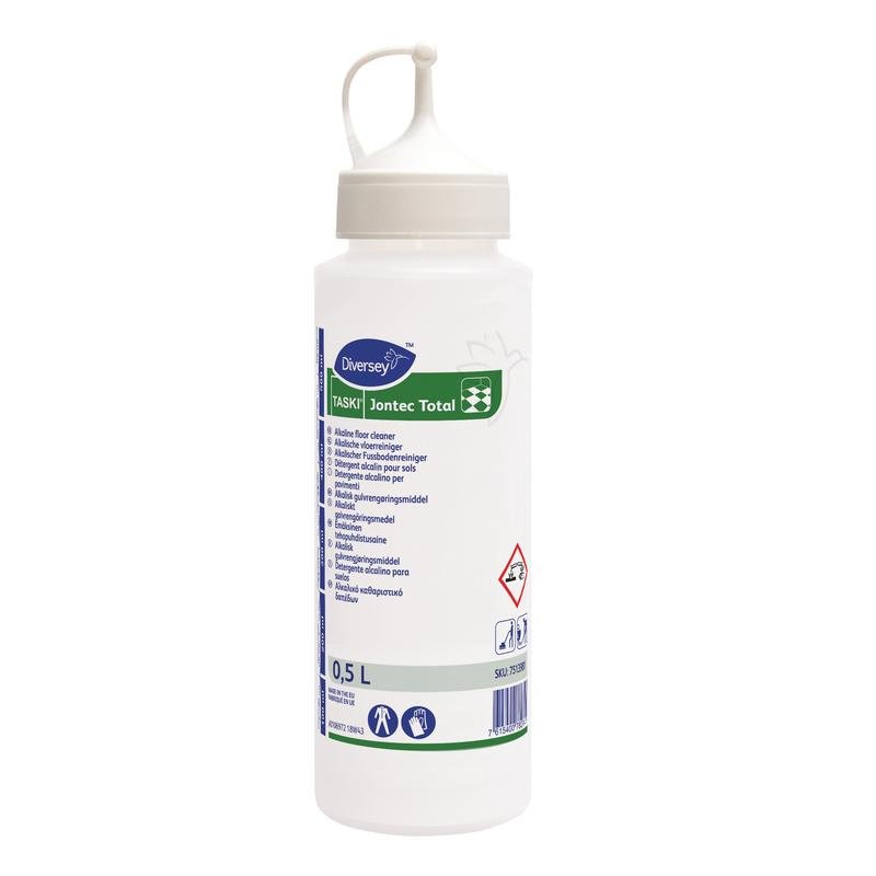 A white 0.5-liter dosing bottle for Jontec Total from Diversey Deutschland GmbH & Co. OHG features a nozzle cap, product information, hazard symbols, and multilingual instructions on the label.
