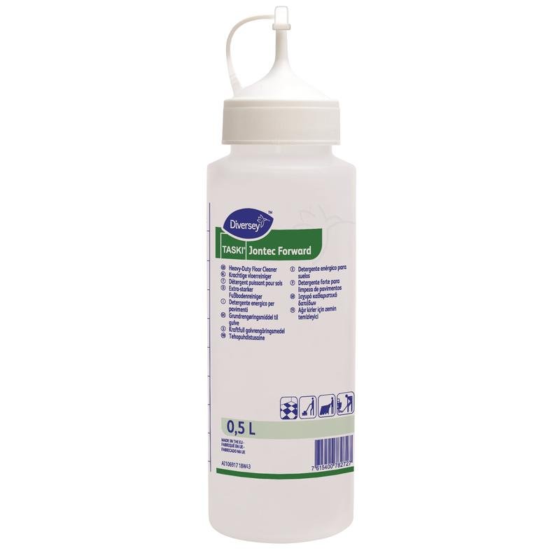A 0.5 L dosing bottle of Jontec Forward from Diversey Deutschland GmbH & Co. OHG with a tapered nozzle cap; the label shows product information and application symbols in several languages.