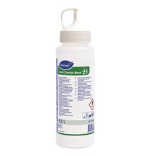 A 0.5L dispensing bottle of Jontec Best from Diversey Deutschland GmbH & Co. OHG for precise dosing in industrial floor care, with a spout cap and a warning label with warning symbols.