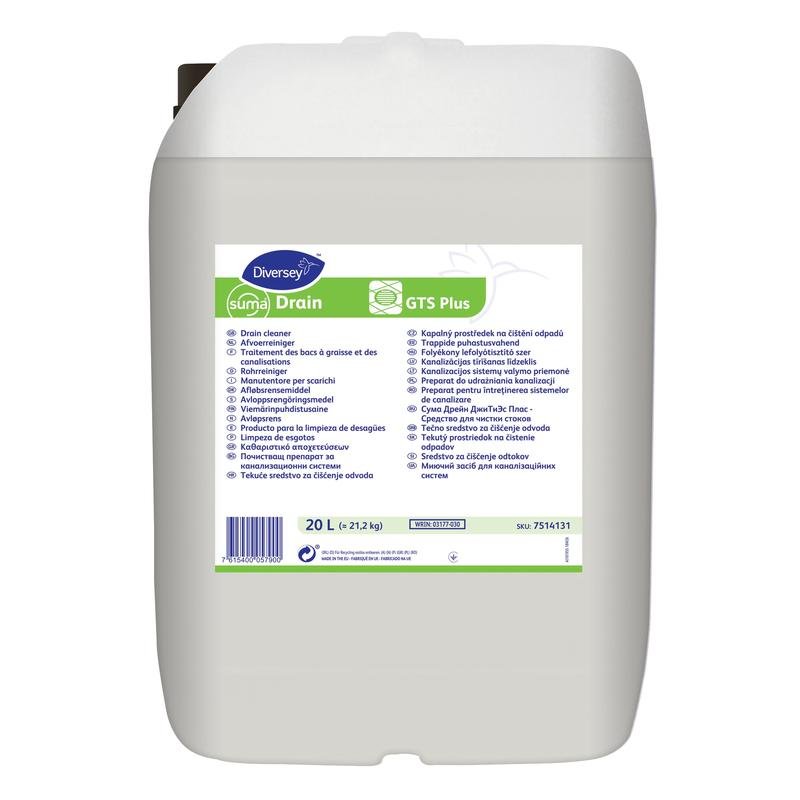 The Suma Drain GTS plus pipe cleaner from Diversey Deutschland GmbH & Co. OHG is a large white 20-liter plastic canister with a handle, ideal for drains in the kitchen and bathroom, with multilingual instructions and the Diversey logo.