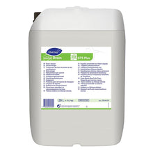 The Suma Drain GTS plus pipe cleaner from Diversey Deutschland GmbH & Co. OHG is a large white 20-liter plastic canister with a handle, ideal for drains in the kitchen and bathroom, with multilingual instructions and the Diversey logo.