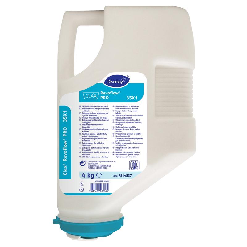 A white 4 kg plastic cartridge with Diversey Clax Revoflow PRO 35X1, a concentrated powder detergent for the Revoflow system, is equipped with a blue label and a lid with multilingual information and instructions on the front.
