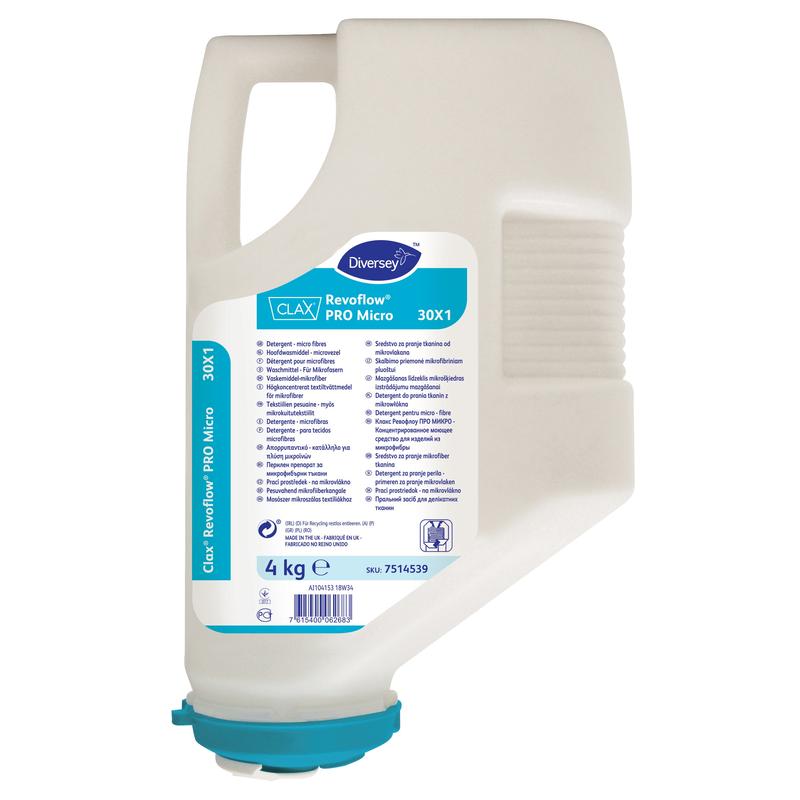 The 4 kg Clax Revoflow PRO MICRO 30X1 cartridge from Diversey Deutschland GmbH & Co. OHG is a highly concentrated powder specifically for microfibers in the Revoflow system - with a blue label, lid, and ergonomic handle.