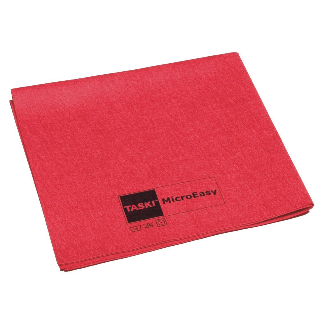 A neatly folded red TASKI MicroEasy microfiber cloth 38x37 cm from Diversey Deutschland GmbH & Co. OHG features a label with care symbols printed in black on one corner, indicating the advanced microfiber technology.