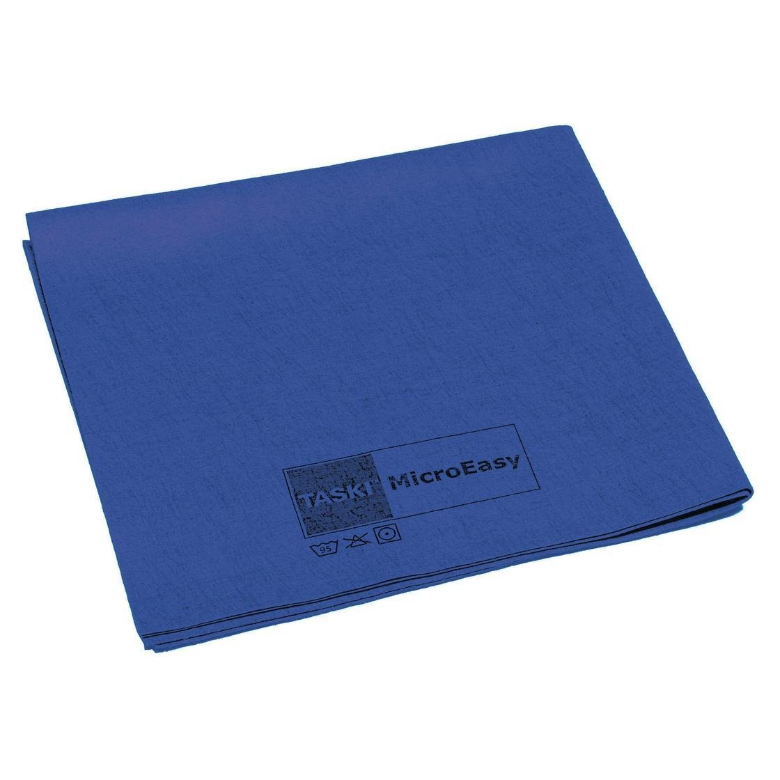 A folded blue TASKI MicroEasy microfiber cloth 38 x 37 cm from Diversey Deutschland GmbH & Co. OHG features advanced microfiber technology, with 'TASK MicroEasy' and care symbols printed in black ink on one corner for effective cleaning.
