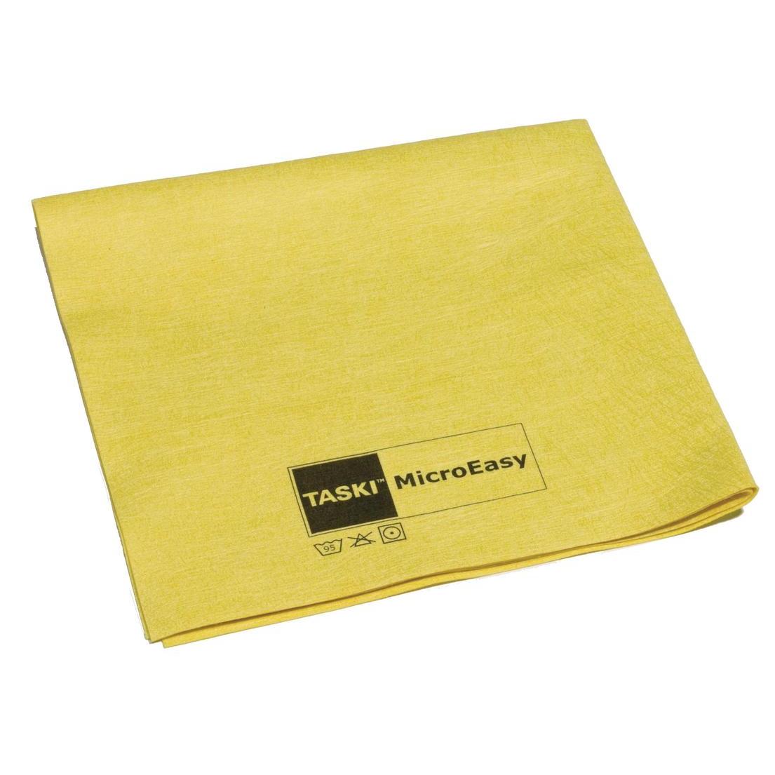 A folded yellow TASKI MicroEasy microfiber cloth 38x37 cm from Diversey Deutschland GmbH & Co. OHG, with 'TASKI MicroEasy' and care symbols printed on one corner.