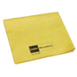 A folded yellow TASKI MicroEasy microfiber cloth 38x37 cm from Diversey Deutschland GmbH & Co. OHG, with 'TASKI MicroEasy' and care symbols printed on one corner.