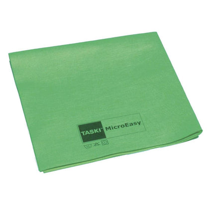 The TASKI MicroEasy microfiber cloth 38x37 cm from Diversey Deutschland GmbH & Co. OHG is a green microfiber cloth with laundry symbols and advanced microfiber technology for efficient cleaning.