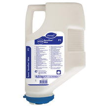 A white plastic 4.5 kg Suma Revoflow Max P1 chlorine-containing cleaner cartridge from Diversey Deutschland GmbH & Co. OHG, with a blue label, blue dispenser cap, and left handle; for soft to moderately hard water.