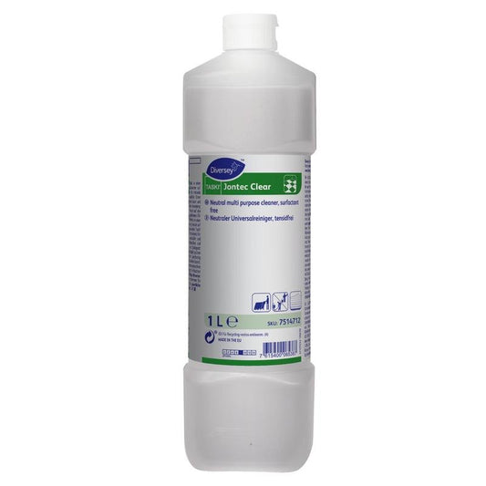 A 1-liter bottle made of transparent plastic with TASKI Jontec Clear cleaner for hard floors from Diversey Deutschland GmbH & Co. OHG, with a white cap and a white-blue-green label with product information and application symbols.
