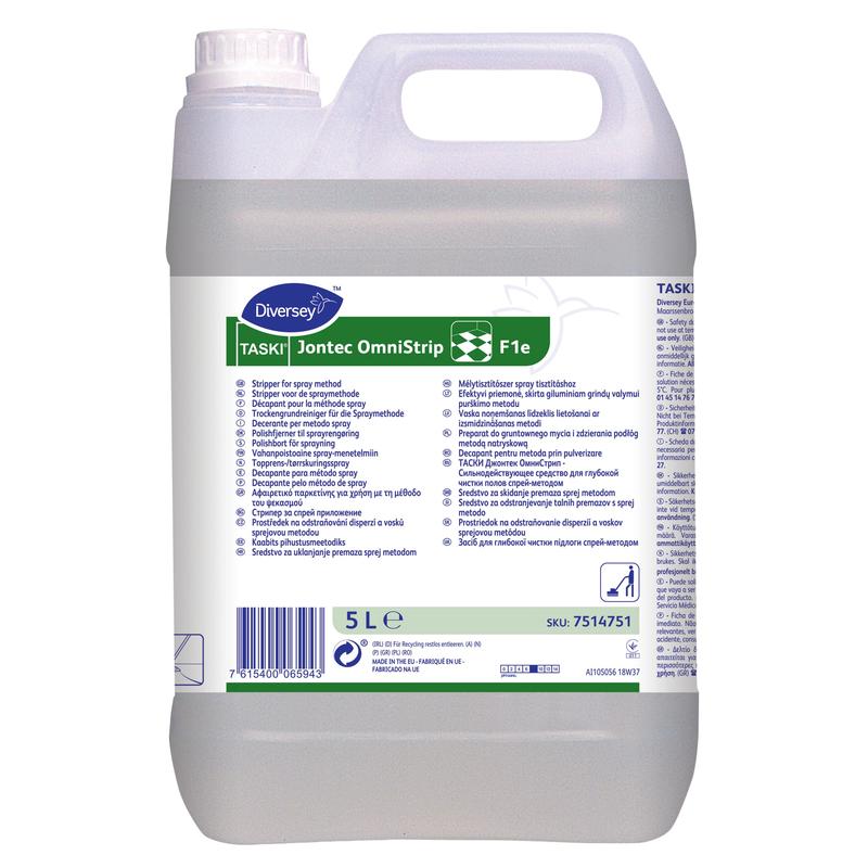 A 5-liter canister of TASKI Jontec OmniStrip, deep and dry base cleaner for single-disc machines from Diversey Deutschland GmbH & Co. OHG, with a white label containing multilingual instructions and product information.