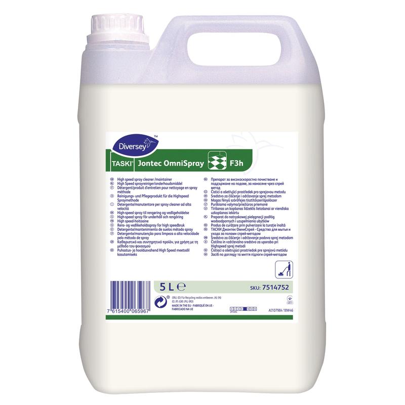 A 5-liter canister made of white plastic from TASKI Jontec OmniSpray by Diversey Deutschland GmbH & Co. OHG, a cleaning and care product for single-disc machines from 300 RPM, with handle, screw cap, and front label with product information and SKU.