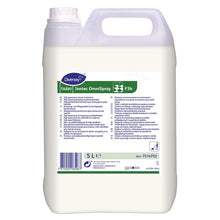 A 5-liter canister made of white plastic from TASKI Jontec OmniSpray by Diversey Deutschland GmbH & Co. OHG, a cleaning and care product for single-disc machines from 300 RPM, with handle, screw cap, and front label with product information and SKU.