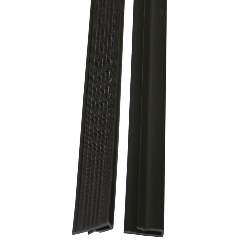 Two black TASKI VersaPlus 2.0 replacement hook-and-loop strips from Diversey Deutschland GmbH & Co. OHG are pictured side by side: the left strip is ribbed, the right one is smooth - each with a different cross-sectional profile.