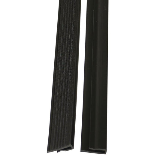 Two black TASKI VersaPlus 2.0 replacement hook-and-loop strips from Diversey Deutschland GmbH & Co. OHG are pictured side by side: the left strip is ribbed, the right one is smooth - each with a different cross-sectional profile.