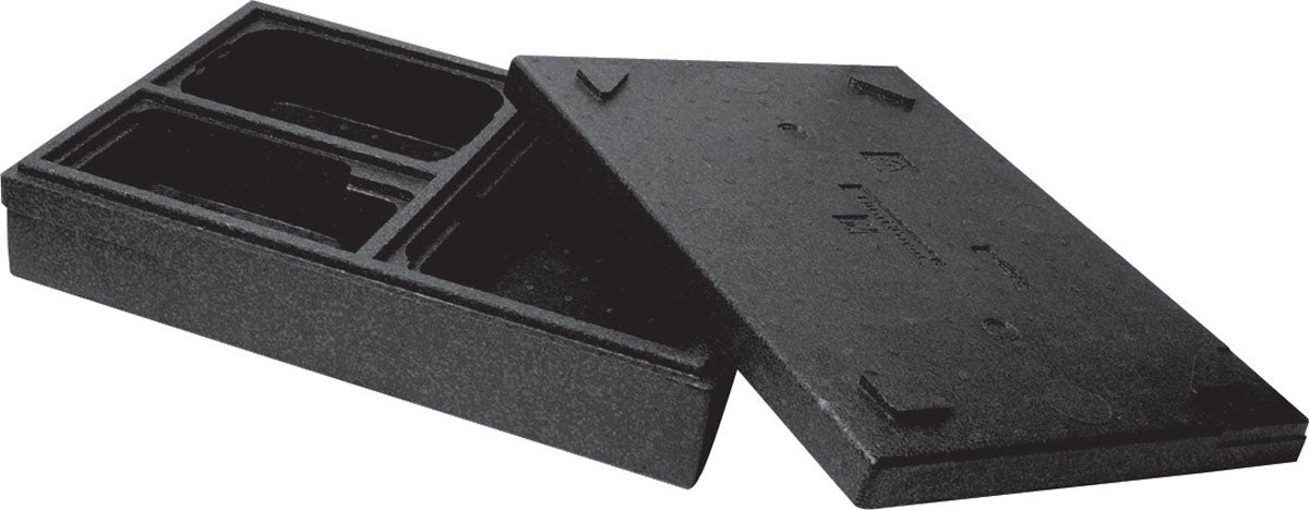 The Duni GmbH Thermobox 3 Black EPP is a rectangular, black insulated container with a removable lid, partially opened to expose the compartments - perfect for keeping food and drinks warm during transport.