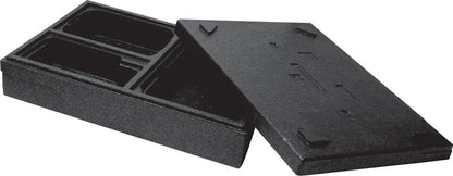 The Duni GmbH Thermobox 3 Black EPP is a rectangular, black insulated container with a removable lid, partially opened to expose the compartments - perfect for keeping food and drinks warm during transport.