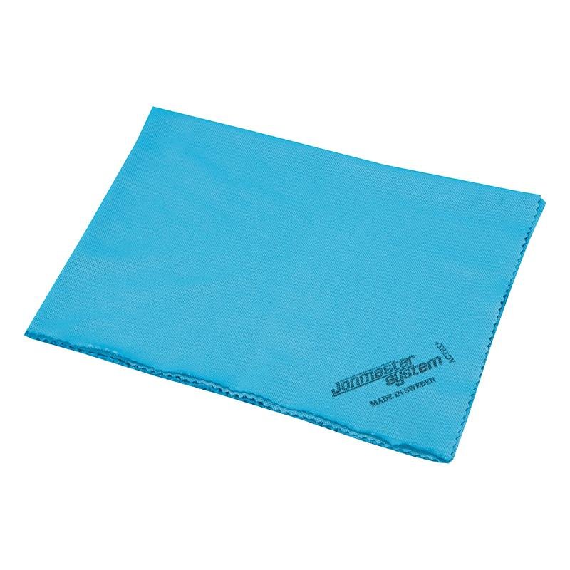 A blue, rectangular Jonmaster Ultra Window Cloth (40 x 50 cm) from Diversey Deutschland GmbH & Co. OHG, made of special microfiber for streak-free cleaning of glass surfaces, with neatly finished edges and the "Jonmaster System" print in one corner. Pack of 5 pieces.
