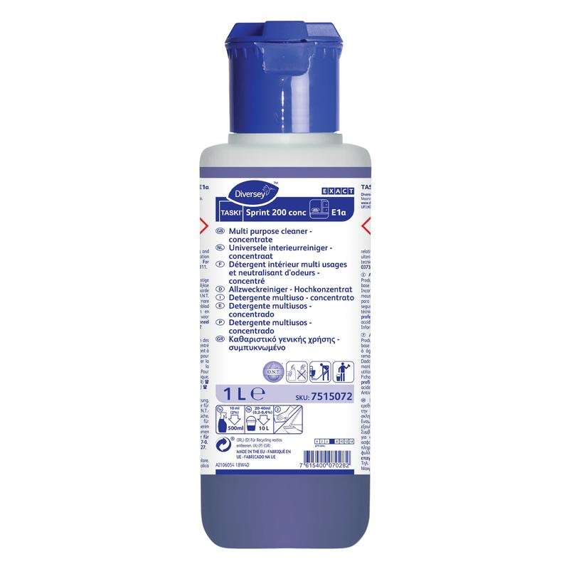 A 1-liter bottle of TASKI Sprint 200 conc alcohol cleaner concentrate from Diversey Deutschland GmbH & Co. OHG features a blue cap and a white label with multilingual instructions for thorough cleaning.