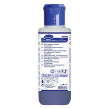 A 1-liter bottle of TASKI Sprint 200 conc alcohol cleaner concentrate from Diversey Deutschland GmbH & Co. OHG features a blue cap and a white label with multilingual instructions for thorough cleaning.