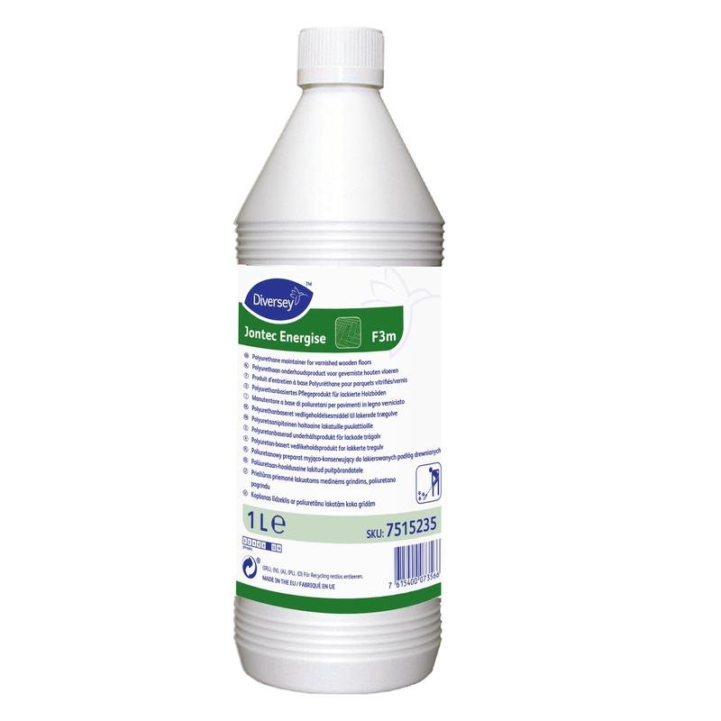 A 10-liter plastic canister labeled "TASKI Jontec Energise" from Diversey Deutschland GmbH & Co. OHG contains a polyurethane dispersion for varnished wooden floors and features product information for a glossy protective film.