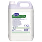 The 5-liter TASKI Jontec Purity soap cleaner for oiled wooden floors from Diversey Deutschland GmbH & Co. OHG is delivered in a canister with a white label featuring instructions and symbols, as well as a secure white screw cap.