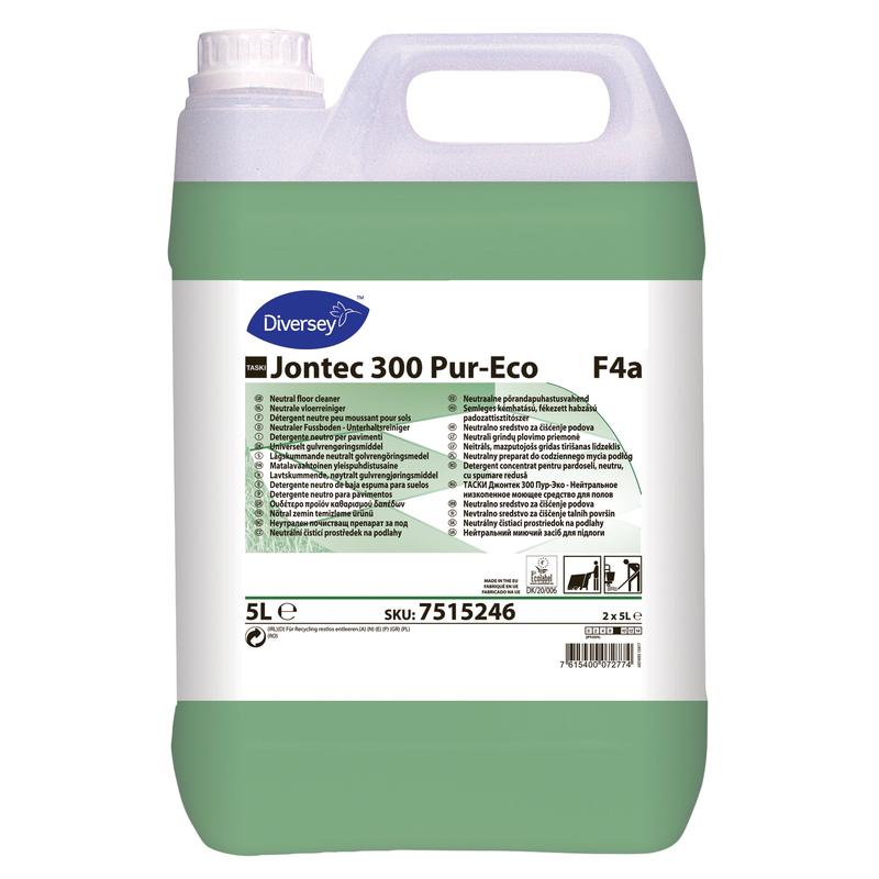 A 5-liter plastic container of TASKI Jontec 300 Neutral Floor Maintenance Cleaner from Diversey Deutschland GmbH & Co. OHG, with green liquid and a front label for streak-free shine on water-resistant surfaces.
