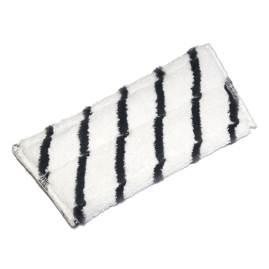 The TASKI Jonmaster Pro scrubbing mop from Diversey Deutschland GmbH & Co. OHG is a rectangular white microfiber pad with five black stripes and is displayed against a plain white background.