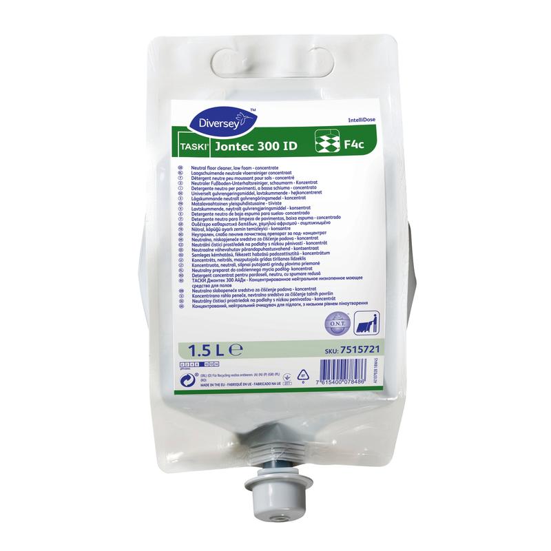 A 1.5-liter bag of TASKI Jontec 300 IntelliDose, a highly concentrated floor cleaner from Diversey Deutschland GmbH & Co. OHG, developed for the TASKI IntelliDose system.