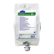 A 1.5-liter plastic bag of TASKI Jontec Forward floor cleaner concentrate from Diversey Deutschland GmbH & Co. OHG with a spout at the bottom and a white label with product details and instructions for more convenience.