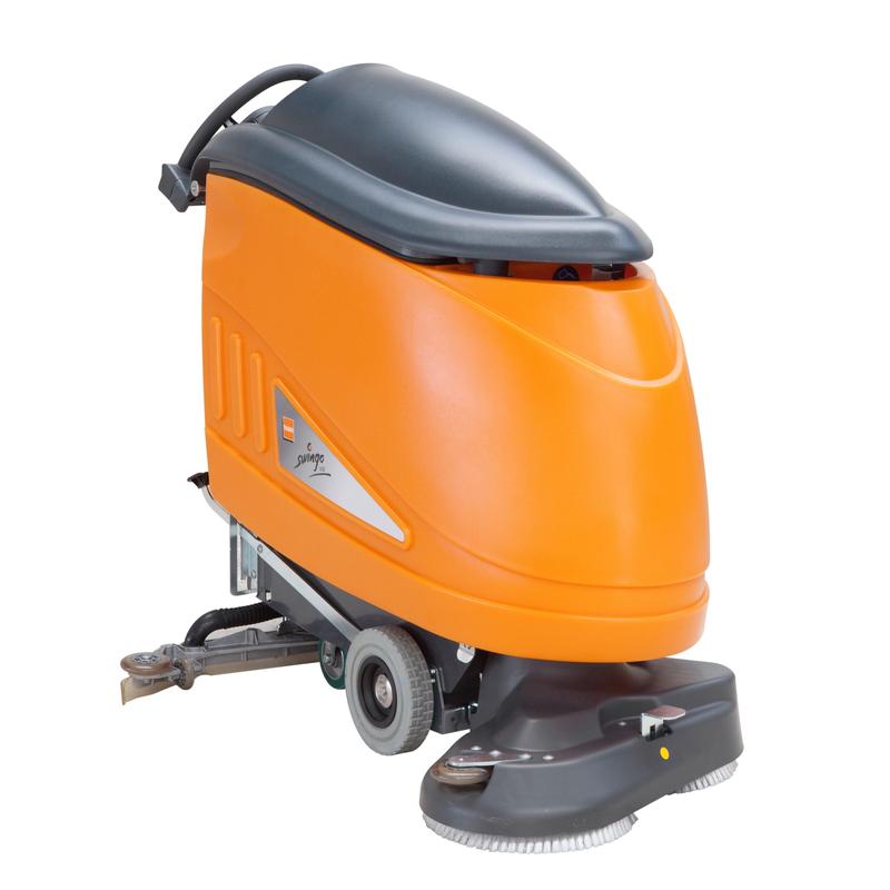 The TASKI swingo 1650 BMS from Diversey Deutschland GmbH & Co. OHG is an orange-gray, battery-powered scrubber-dryer with large wheels, W-shaped suction nozzle, IntelliFlow technology, and onboard charger, pictured against a white background.