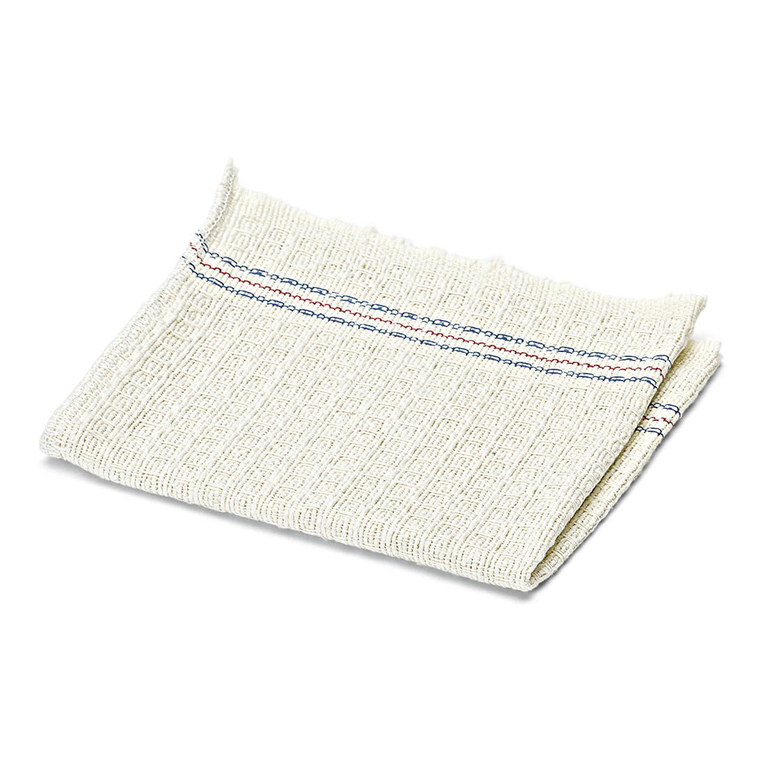 The Nölle Profi Brush waffle cloth made of cotton (35 x 35 cm, absorbent, 1 piece) from Nölle Profi Brush Bürsten- & Pinseltechnik e.K. is characterized by a folded, cream-colored cotton pattern with a blue-red striped border on a white background.