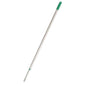 The TASKI MicroEasy telescopic handle made of aluminum from Diversey Deutschland GmbH & Co. OHG is a long, silver handle with a green grip and small holes at one end, pictured against a white background.