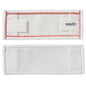 Two rectangular white TASKI MicroEasy Micro Mop pads from Diversey Deutschland GmbH & Co. OHG; one pad with the front side up, the other with the back side up, with care symbols and two fastening strips for streak-free cleaning.