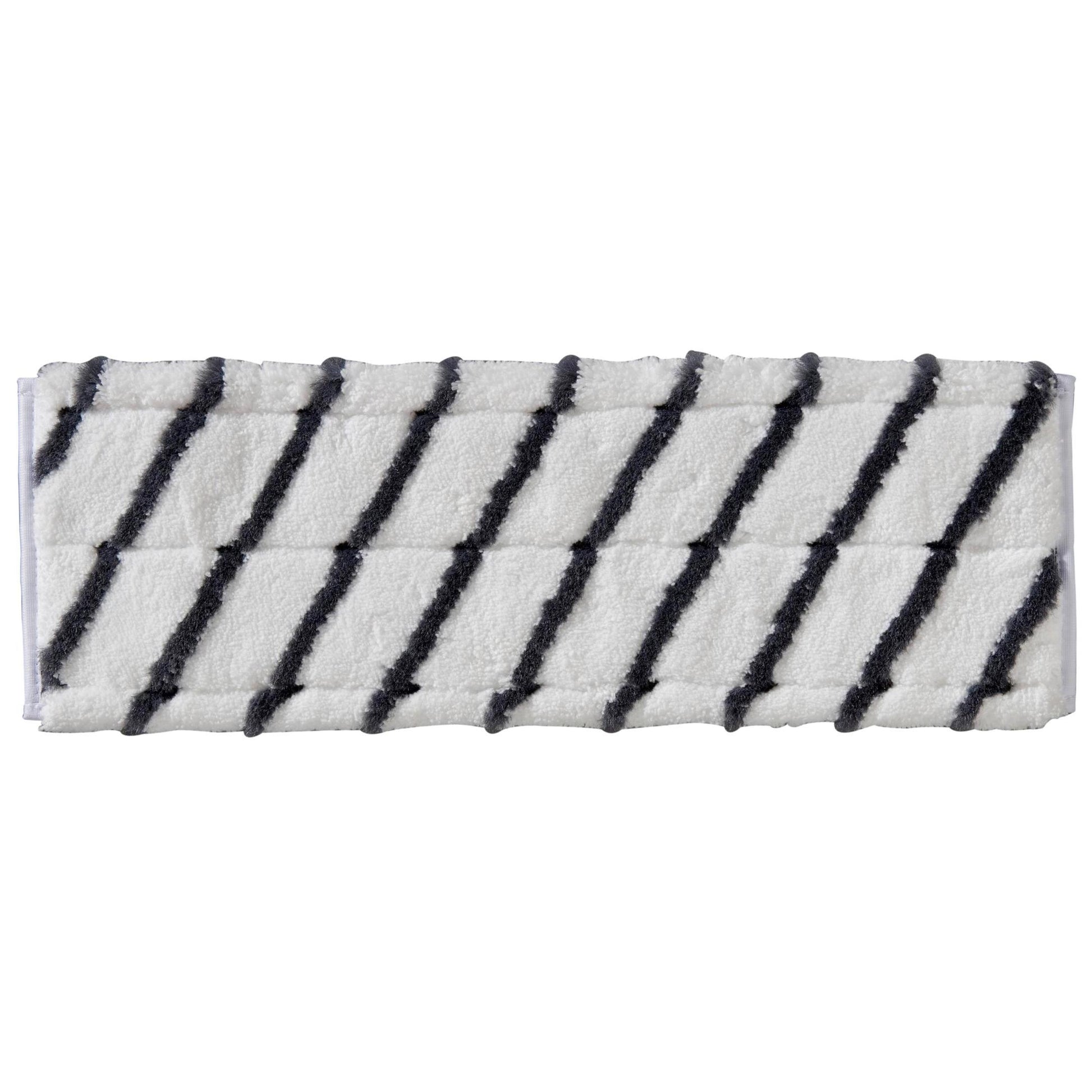 The TASKI MicroEasy Scouring Mop from Diversey Deutschland GmbH & Co. OHG is a rectangular white pad with diagonal black stripes, ideal for cleaning tiles and removing stubborn dirt. Box with 5 packs.