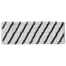 The TASKI MicroEasy Scouring Mop from Diversey Deutschland GmbH & Co. OHG is a rectangular white pad with diagonal black stripes, ideal for cleaning tiles and removing stubborn dirt. Box with 5 packs.