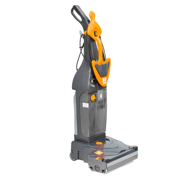 The TASKI swingo 150 E from Diversey is a compact, corded scrubber dryer with a roller brush and lamella set, ideal for small or hard-to-see areas. Its upright design ensures efficient cleaning of various floor surfaces. The package contains 1 device.