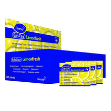 A blue-yellow box from Diversey Deutschland GmbH & Co. OHG with the label "Soft Care Lemon Fresh - Refreshing Wipe" contains 200 individually wrapped hand cleaning wipes. On the front of the box, three yellow, lemon-scented packets are depicted.