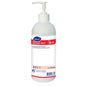 A 0.5-liter pump bottle of Soft Care Des E H5, a VAH-listed gel hand disinfectant from Diversey Deutschland GmbH & Co. OHG, with white-red-blue lettering with product details and barcode on the front.