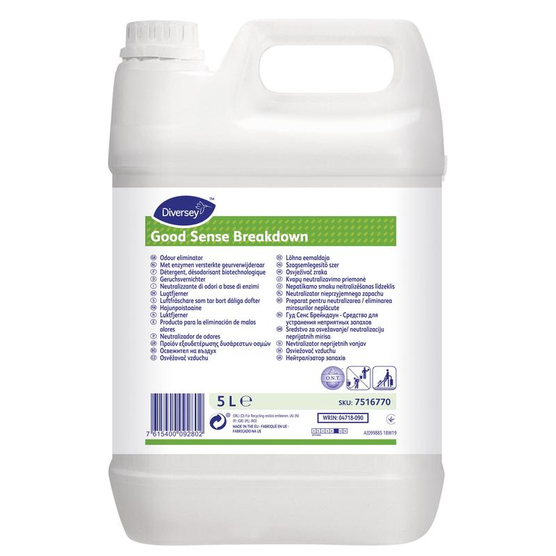A white 5-liter plastic container from Diversey Deutschland GmbH & Co. OHG Good Sense Breakdown Odor Remover with handle and screw cap. The multilingual label describes product features and effective odor elimination.