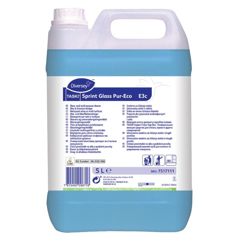 A 5-liter container of TASKI Sprint Glass Pur-Eco glass and surface cleaner from Diversey Deutschland GmbH & Co. OHG, with a white cap and multilingual label with product information and instructions.