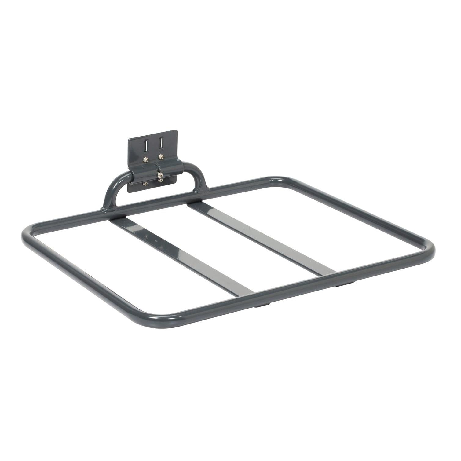 The TASKI foldable bag shelf from Diversey Deutschland GmbH & Co. OHG is a gray, smooth metal shelf with a rectangular frame, two middle bars, and a bracket for mounting on the front or back of the trolley. Foldable for easy storage. Package: 1 piece.