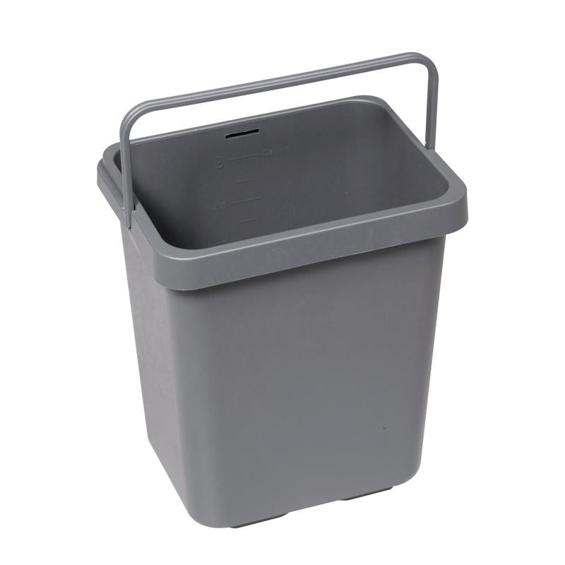 The gray plastic TASKI bucket 12 liters from Diversey Deutschland GmbH & Co. OHG, with handle and internal measurement markings, is shown empty on a white background. Compatible with cloth box holder 7517270 or 7517371. Package: 1 piece.
