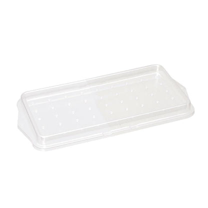 The TASKI preparation sieve for mop boxes from Diversey Deutschland GmbH & Co. OHG is a transparent, rectangular plastic lid with evenly distributed small holes, used to cover mop boxes during the cleaning process.