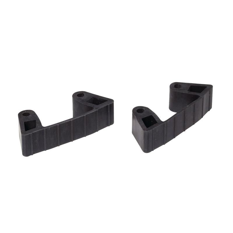 Pictured are two identical black plastic brackets with ribbed sides and cutouts on a white background - part of the TASKI rubber replacement set (2 pieces), suitable for TASKI accessory holder 7517275 from Diversey Deutschland GmbH & Co. OHG.
