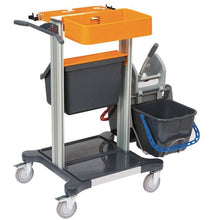 The TASKI Mini Trolley Wet from Diversey Germany is a compact cleaning cart for traditional wet mopping (flat/Kentucky), with three colored containers and four swivel casters - ideal for your cleaning system. | Package: 1 piece.