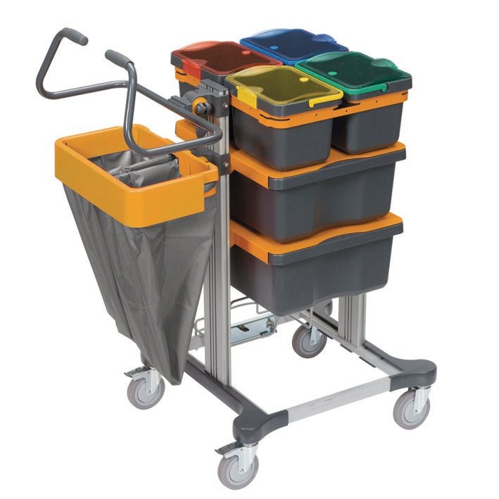 The TASKI Mini Closed from Diversey is a compact cleaning system for pre-moistening cleaning textiles with closed drawers, ideal for hygienic cleaning, including a robust chassis and two comfortable push handles. Package: 1 piece.