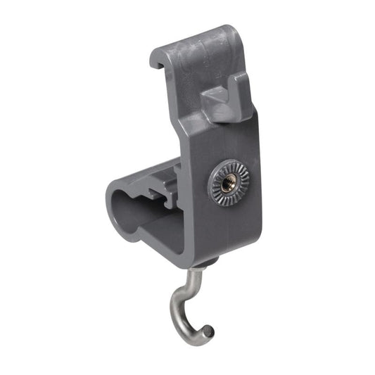 The TASKI accessory holder from Diversey Deutschland GmbH & Co. OHG is a gray hook attachment made of plastic and metal with a fastening slot and a central metal screw, designed for connecting or hanging items to organize cleaning utensils.